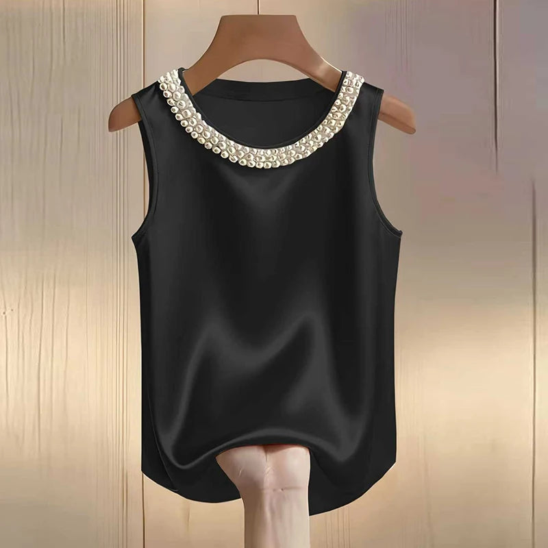 Elegant Satin Shirt Women Summer Bead Design Silk Blouse Women T-Shirts Fashion Loose Vest Women Tank Tops Fashion Lady Tee LADYLYS