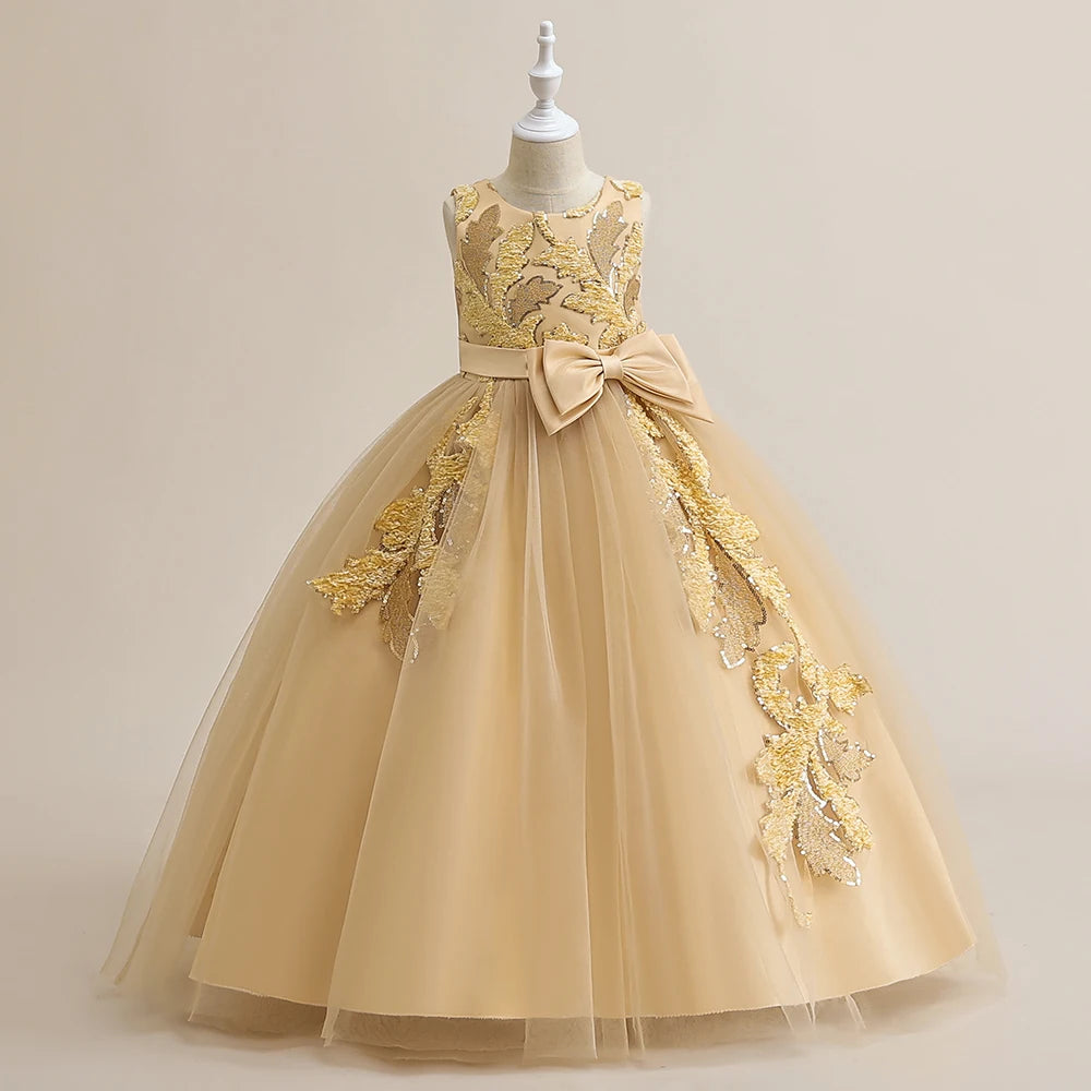 Robe de soirée pour filles, tenue de princesse de demoiselle d'honneur, à fleurs élégante, avec nœud