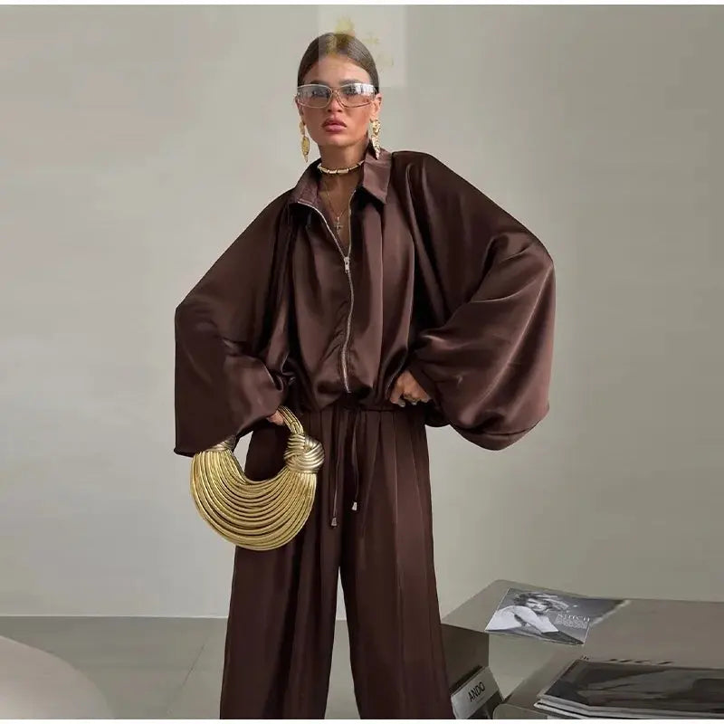 Casual Loose Pleated Shirt Pants Suit Women Solid Full Lantern Sleeve Zipper Shirts Wide Leg LADYLYS