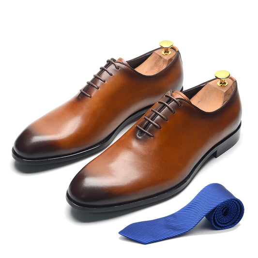 Chaussures habillées Oxford à coupe entière de marque pour hommes, en cuir véritable, faites à la main, à lacets, à bout uni