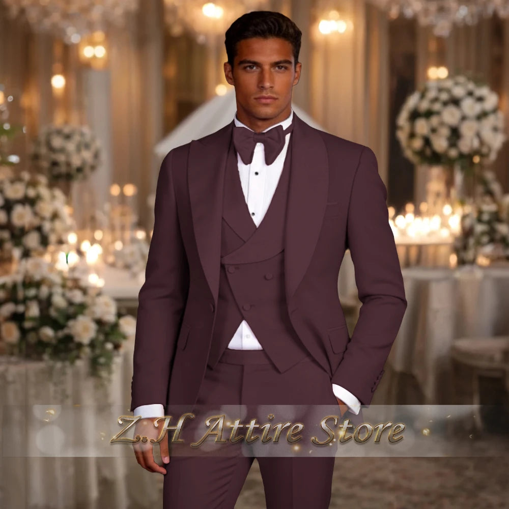Elegant men's 3pcs suit spliced satin lapel jacket vest pants LADYLYS