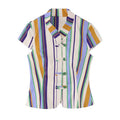 Casual Striped Shirt Trouser Suits Women Short Sleeve V-Neck Button Top LADYLYS