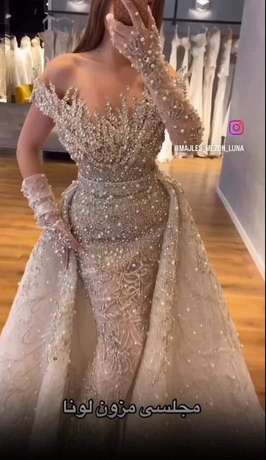 Robe de soirée longue de luxe en cristal champagne arabe Dubaï