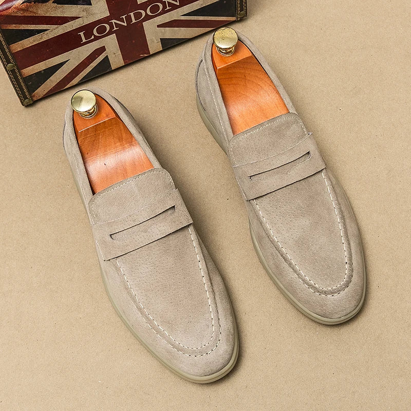 Chaussures en cuir suédé de haute qualité, style britannique, mocassins simples pour hommes, blanc cassé, semelles souples