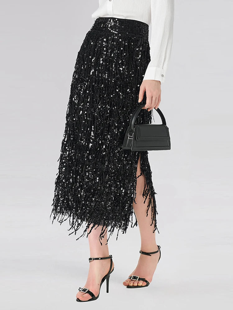 Fashion High Street Split Long Skirts Sparkling Tassel Spring Summer Women's Skirts Elegant Temperament Banquet Wrap Hip Skirt LADYLYS