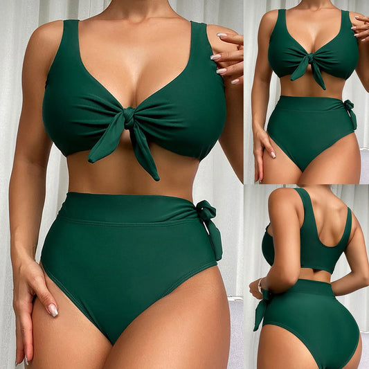 Maillots de bain femmes été plage solide taille haute bikini grande poitrine ajustement confortable