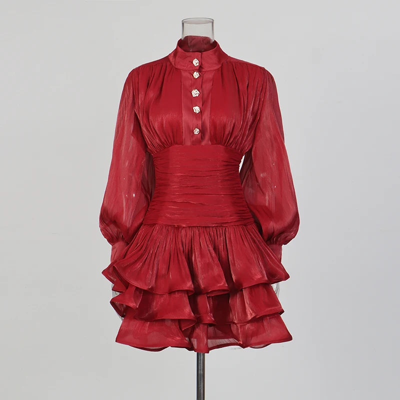 Solid Spliced Ruffles Dress Female Stand Collar Long Sleeve Loose French Elegant LADYLYS