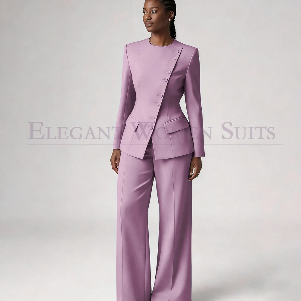 Single Breasted Women's Suits Blazer Luxury O-neck Regular Length 2 Piece LADYLYS