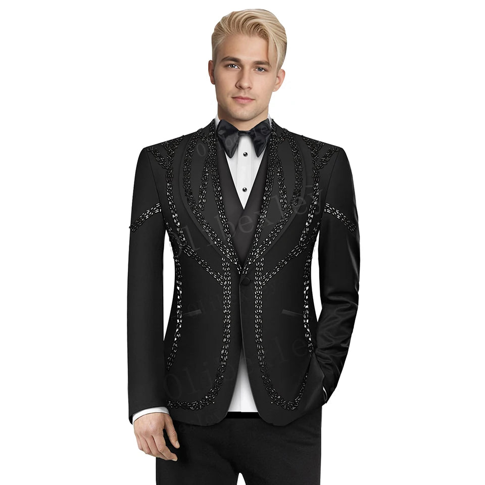 B41 Luxe Noir Cristaux Hommes Costumes Ensemble 2 Pièces Blazer Pantalon