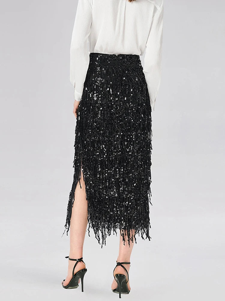 Fashion High Street Split Long Skirts Sparkling Tassel Spring Summer Women's Skirts Elegant Temperament Banquet Wrap Hip Skirt LADYLYS