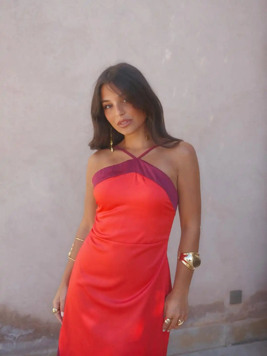 Blocking Scarf Collar Sling Dress Sexy Split Waist Cinching Bodycon Maxi Gowns LADYLYS