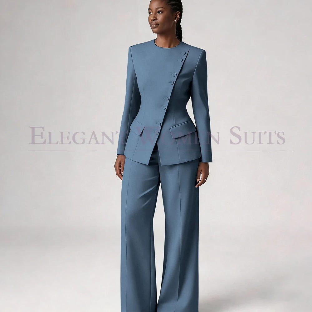 Single Breasted Women's Suits Blazer Luxury O-neck Regular Length 2 Piece LADYLYS