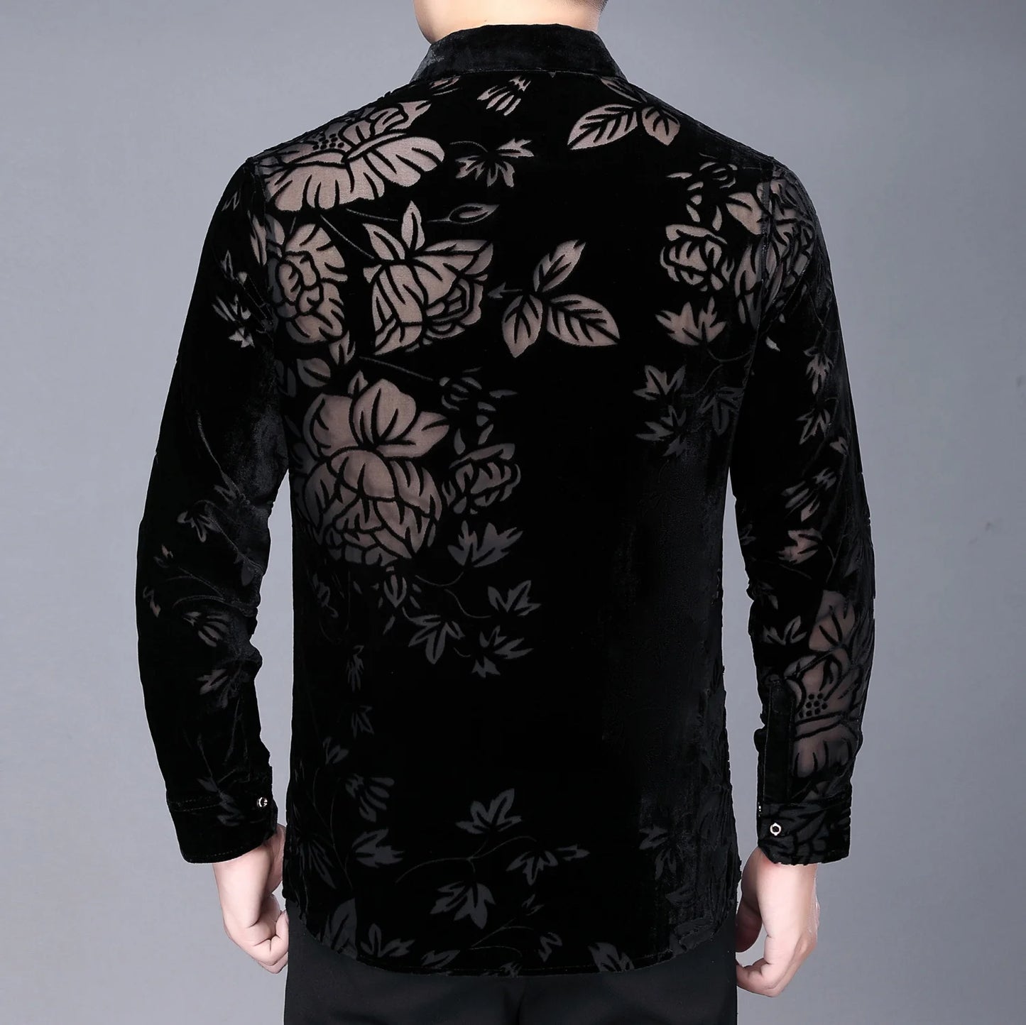 Chemise à manches longues en velours pour homme, chemise transparente de haute qualité, chemise à fleurs