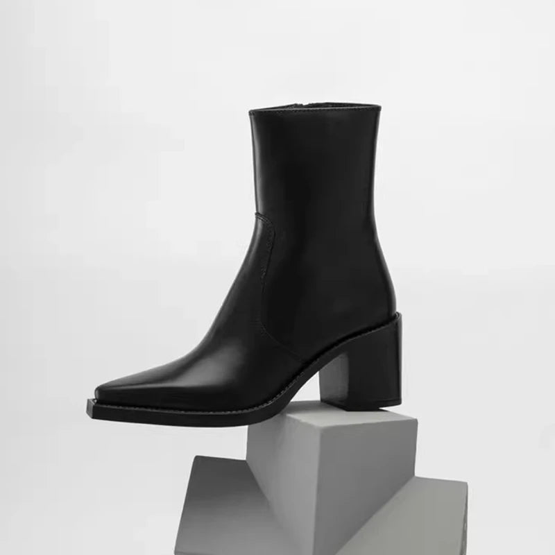 Bottes courtes élégant bout pointu, chaussures femme en cuir véritable