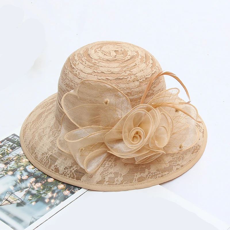 Chapeau fascinators élégant, fleurs en dentelle, seau à large bord, Kentucky Derby pliable