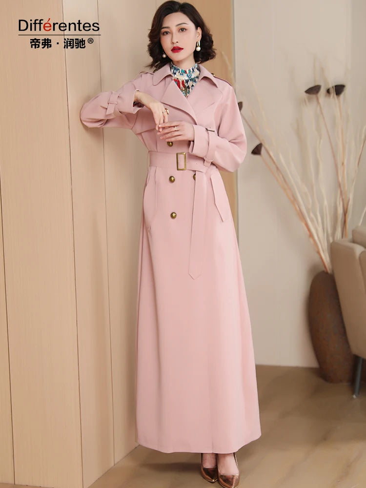 Trench Femmes Hiver Rose Manteau X-Long Veste Double Boutonnage Col Rabattu Ourlet avec Ceinture