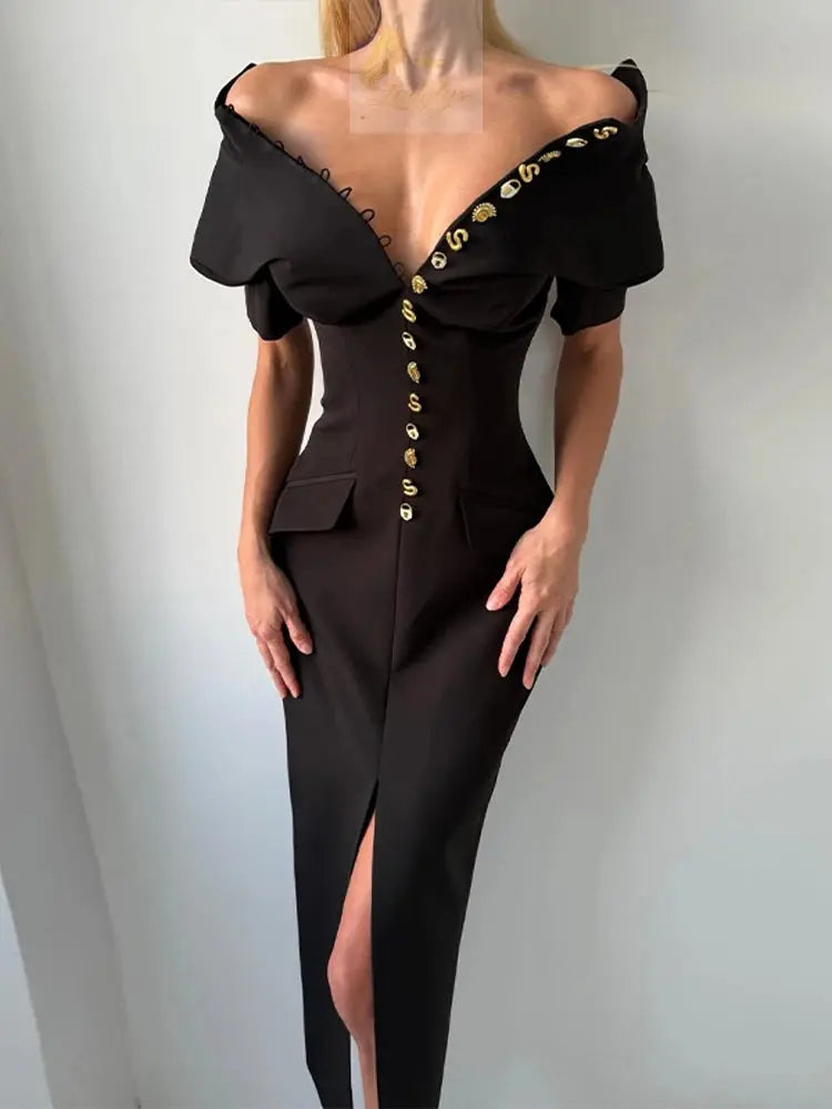 Elegant Fitted Shoulder Pad Short Sleeves Chic Party Dresses LADYLYS