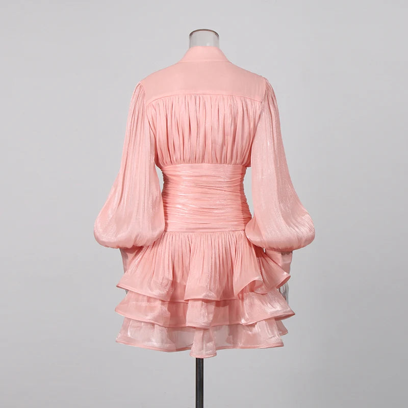 Solid Spliced Ruffles Dress Female Stand Collar Long Sleeve Loose French Elegant LADYLYS