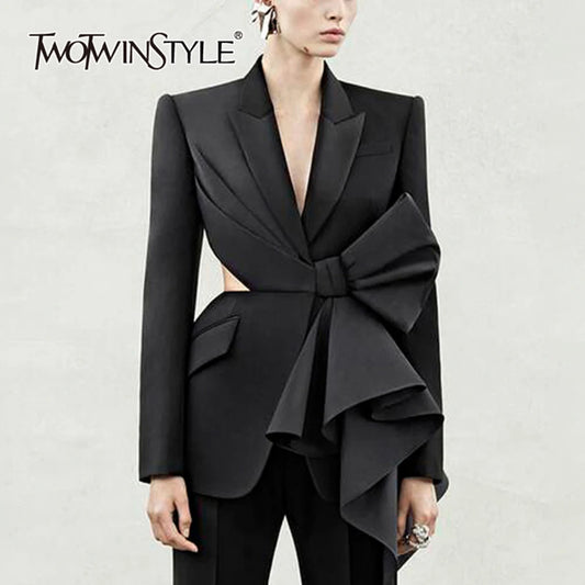 TWOTWINSTYLE Blazer à manches longues et col cranté pour femme, couleur unie, avec nœud papillon