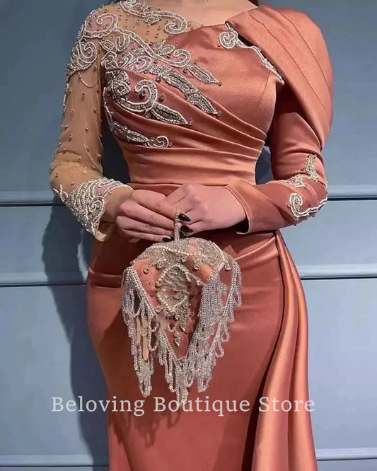 Robe De soirée arabe style sirène pour femmes, tenue De mariage, manches longues avec des Appliques De perles, élégante,