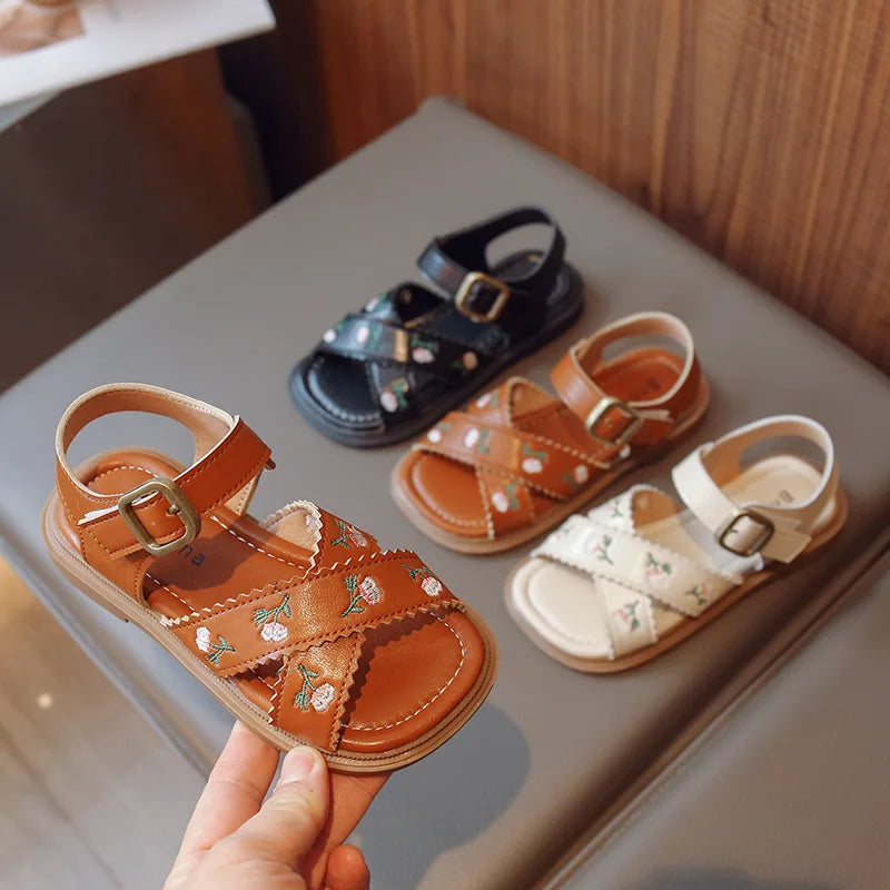 Sandales d'été pour filles, chaussures de plage décontractées à fleurs brodées