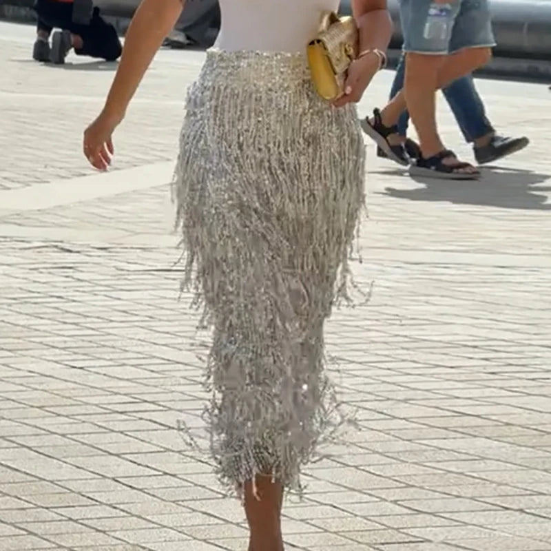 Fashion High Street Split Long Skirts Sparkling Tassel Spring Summer Women's Skirts Elegant Temperament Banquet Wrap Hip Skirt LADYLYS