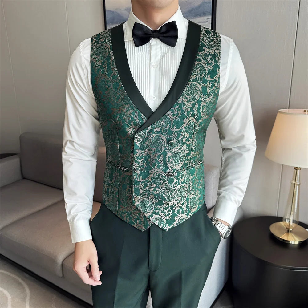 Costume 3 pièces en jacquard vert pour homme, veste de soirée de mariage avec gilet et pantalon