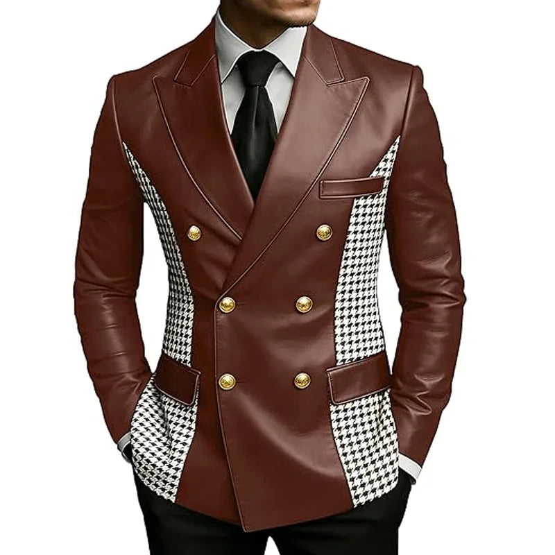 Leather Blazer With Houndstooth Sides Vintage Two-Tone Double Breasted LADYLYS