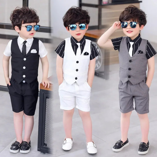 Costumes de mariage d'été pour garçons, gilet, short, chemise, ensembles pour enfants