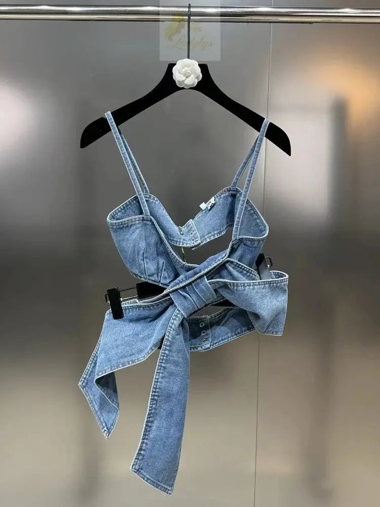 Women's Bows Bandage Denim Sling Vest High Waist Wide Leg Straight Jeans LADYLYS