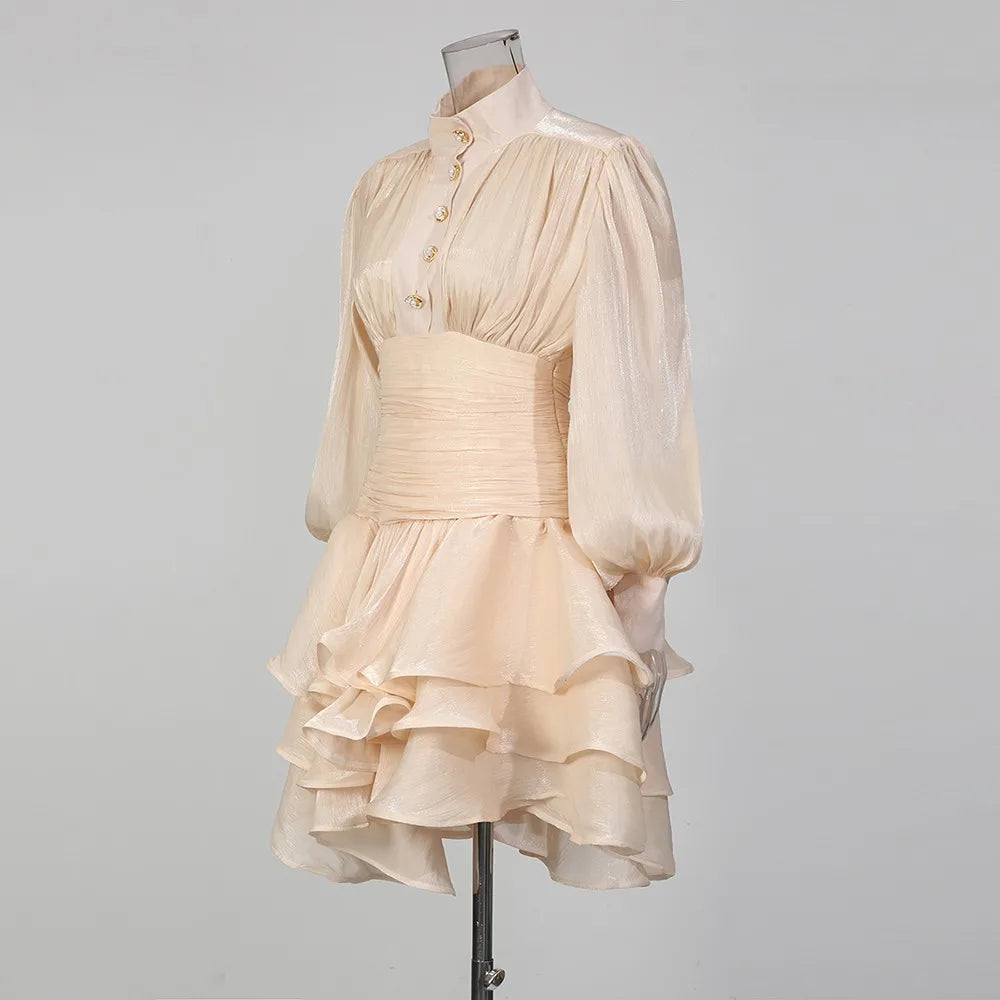 Solid Spliced Ruffles Dress Female Stand Collar Long Sleeve Loose French Elegant LADYLYS