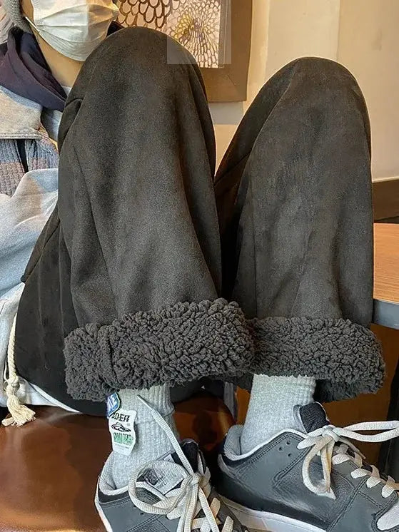 Women's Suede Thickened Straight Leg Pants Korean Style Wide Leg Autumn Winter LADYLYS