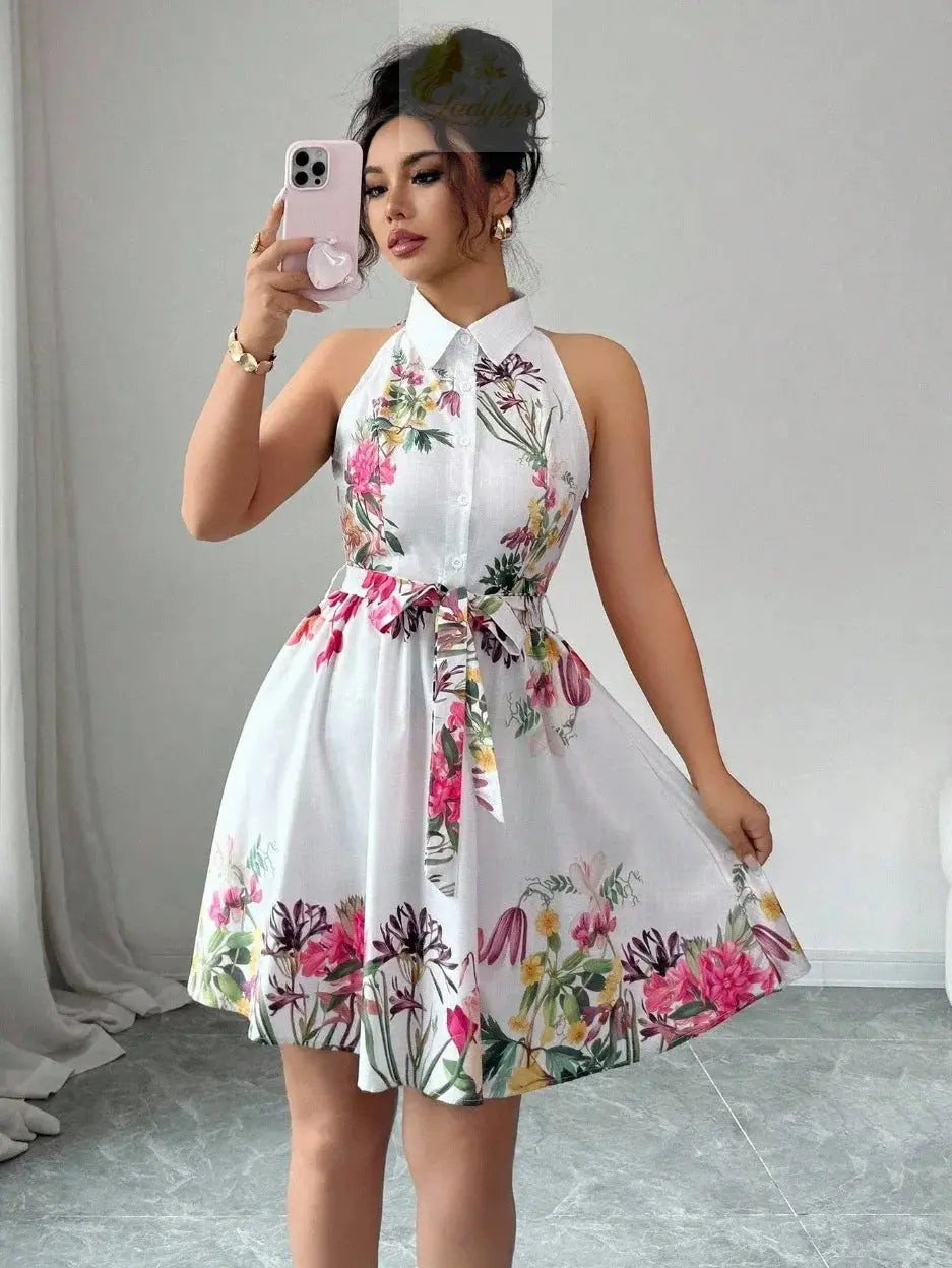 Printed Waist Halterneck Tie Dress Elegant LADYLYS