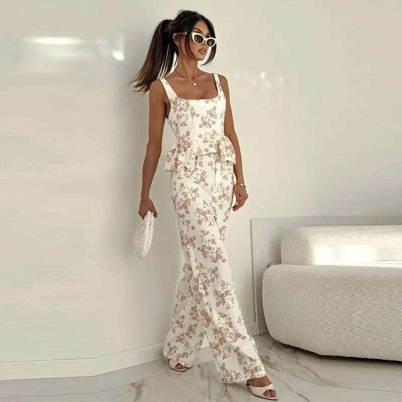 Sexy Print Vest Pants Women Set Beach Patchwork Slash Neck Lace Up Top LADYLYS