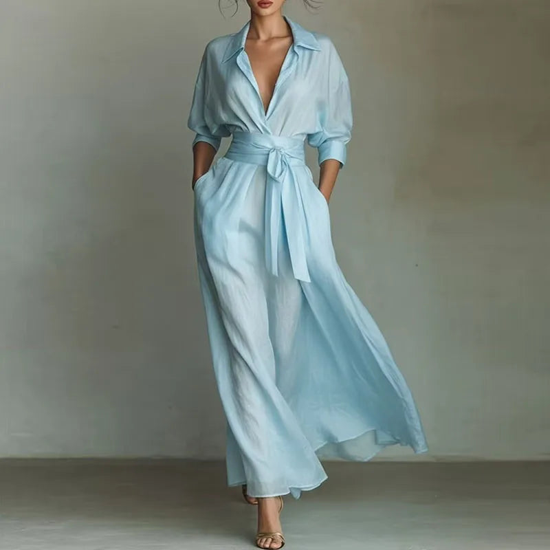 Bohemian Elegant Lace-up Turn-down Collar Hollow Spring 3/4 Sleeve Pocket Maxi Dress LADYLYS