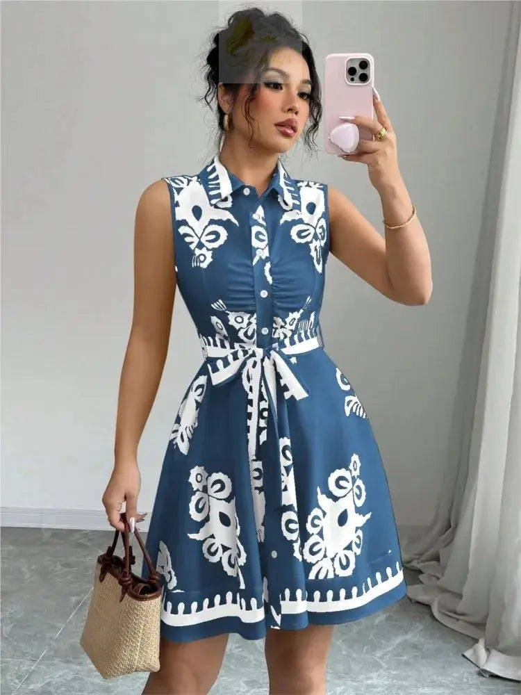 Printed Waist Halterneck Tie Dress Elegant LADYLYS