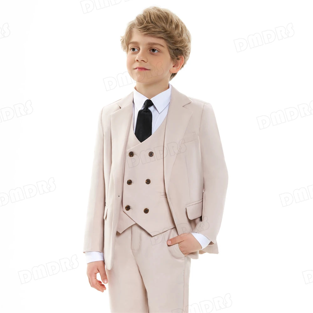 Ensemble de costume formel pour garçon solide, smoking chic pour enfants avec fermeture à un bouton, 4 pièces (veste + gilet + pantalon + cravate)