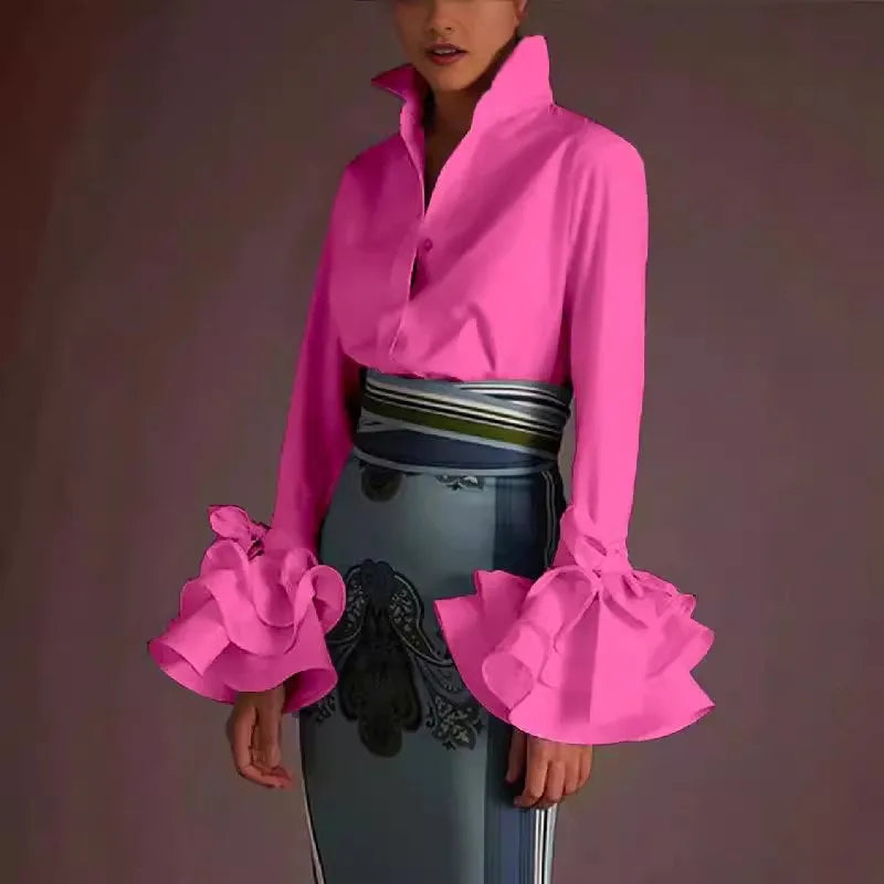 Blouse Shirt Temperament Elegant Slim Solid Color Lotus Leaf Sleeves