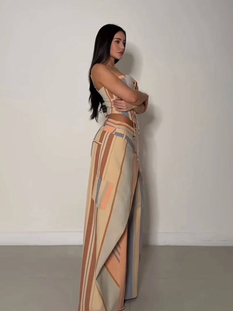 Sexy Print Vest Pants Women Set Beach Patchwork Slash Neck Lace Up Top LADYLYS
