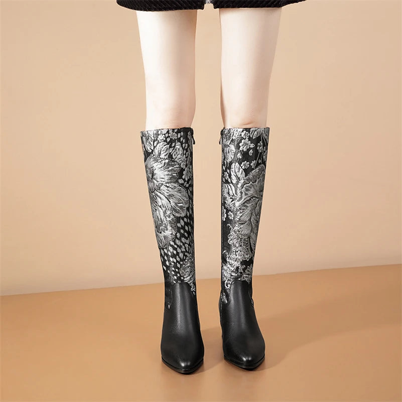 Meotina Femmes Véritable Cuir Bottes Hautes Au Genou Bout Pointu Épais Talons Hauts Broderie Fleur Fermeture Éclair