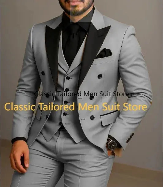 Beige Double Breasted Black Lapel  Slim Fit Wedding Suit LADYLYS