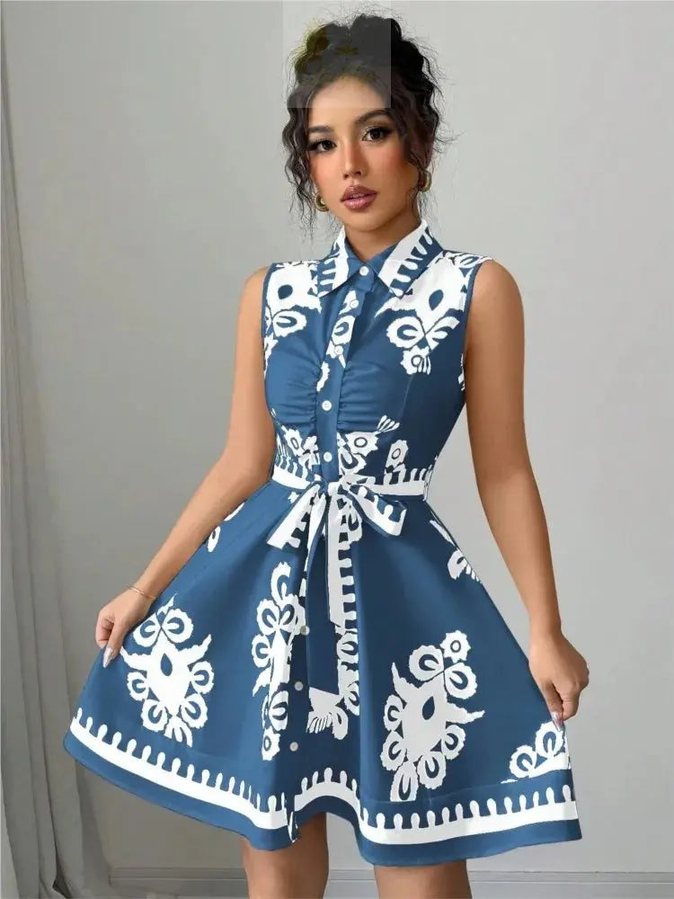 Printed Waist Halterneck Tie Dress Elegant LADYLYS