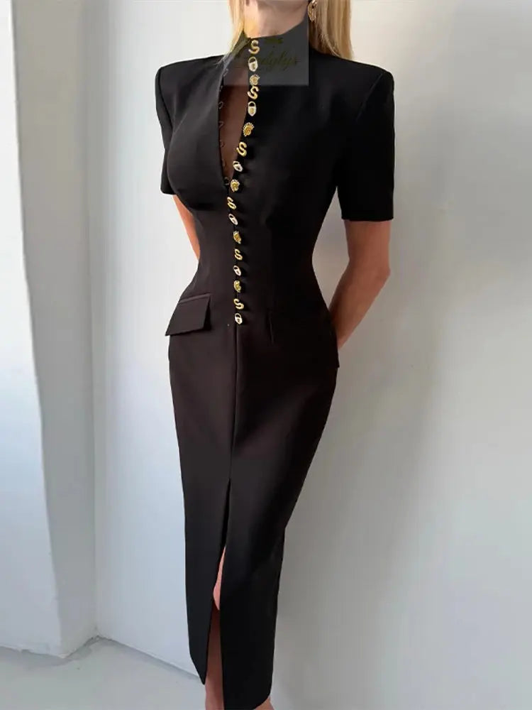 Elegant Fitted Shoulder Pad Short Sleeves Chic Party Dresses LADYLYS