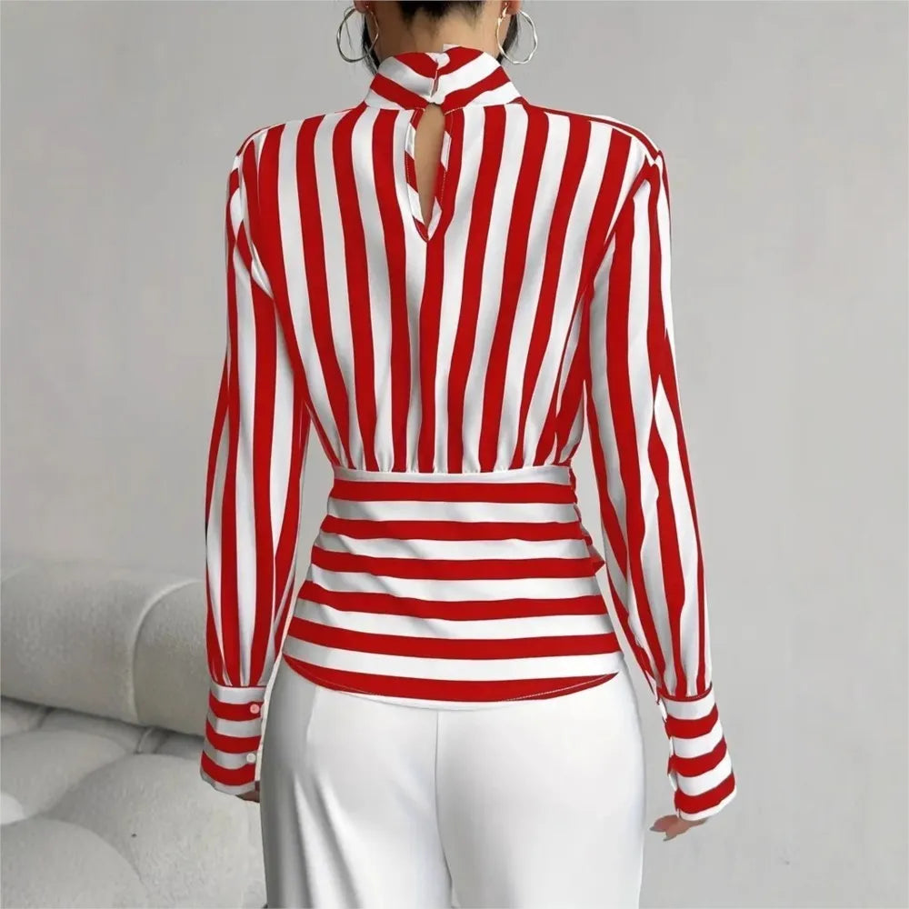 Fashion Trendy Women Black White Contrast Striped Shirt Autumn New Retro Scarf Collar Long-sleeved Elegant Female Pullover Shirt LADYLYS
