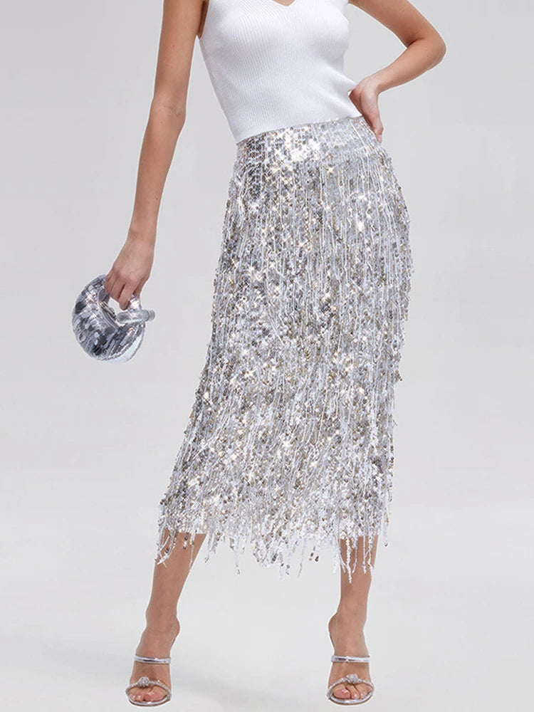 Fashion High Street Split Long Skirts Sparkling Tassel Spring Summer Women's Skirts Elegant Temperament Banquet Wrap Hip Skirt LADYLYS