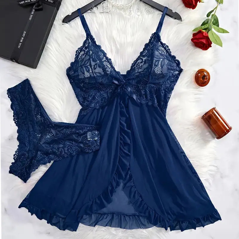 Sexy Contrast Lace and Mesh Ruffle Babydoll Sexy V-neck Open Bra Sleep Skirt Nighties LADYLYS