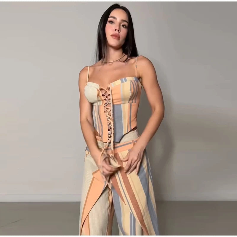 Sexy Print Vest Pants Women Set Beach Patchwork Slash Neck Lace Up Top LADYLYS