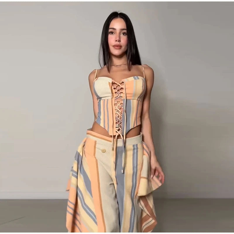 Sexy Print Vest Pants Women Set Beach Patchwork Slash Neck Lace Up Top LADYLYS