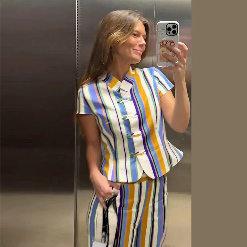 Casual Striped Shirt Trouser Suits Women Short Sleeve V-Neck Button Top LADYLYS