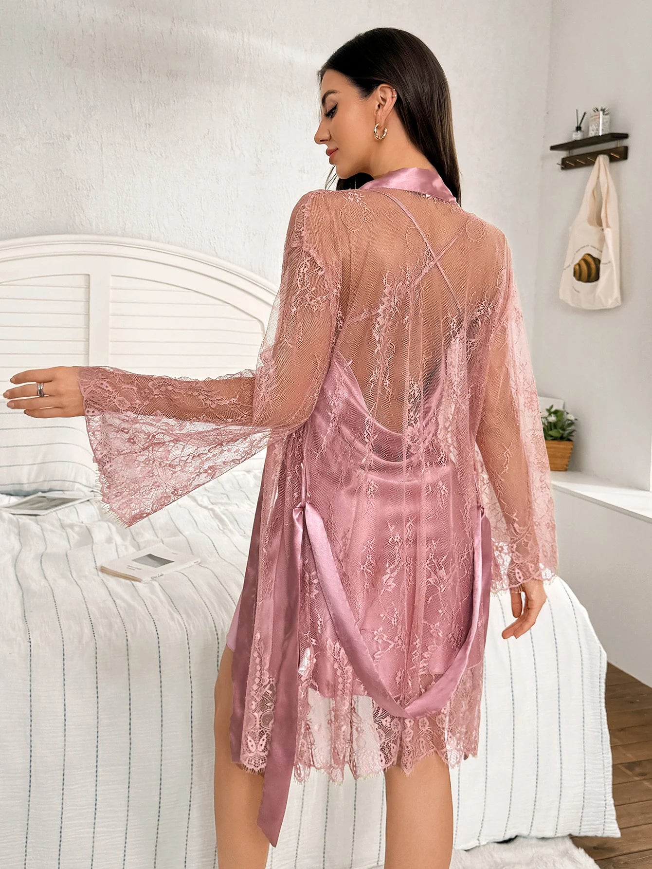 Hot Selling Solid Color Polyester Nightgown Lace See Through Robe For Women 2pcs Set LADYLYS